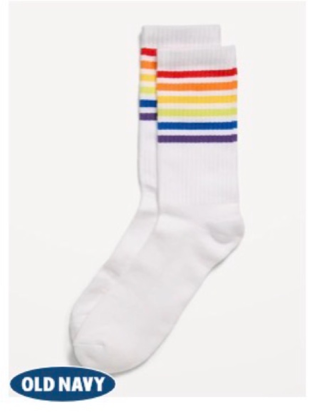 Old Navy Mens White Crew Socks with Rainbow Stripe Bands (one Size) $8